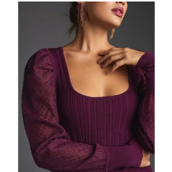 Anthropologie Purple Plum Puff-Sleeve Shimmer Sweater - Picture 3 of 13